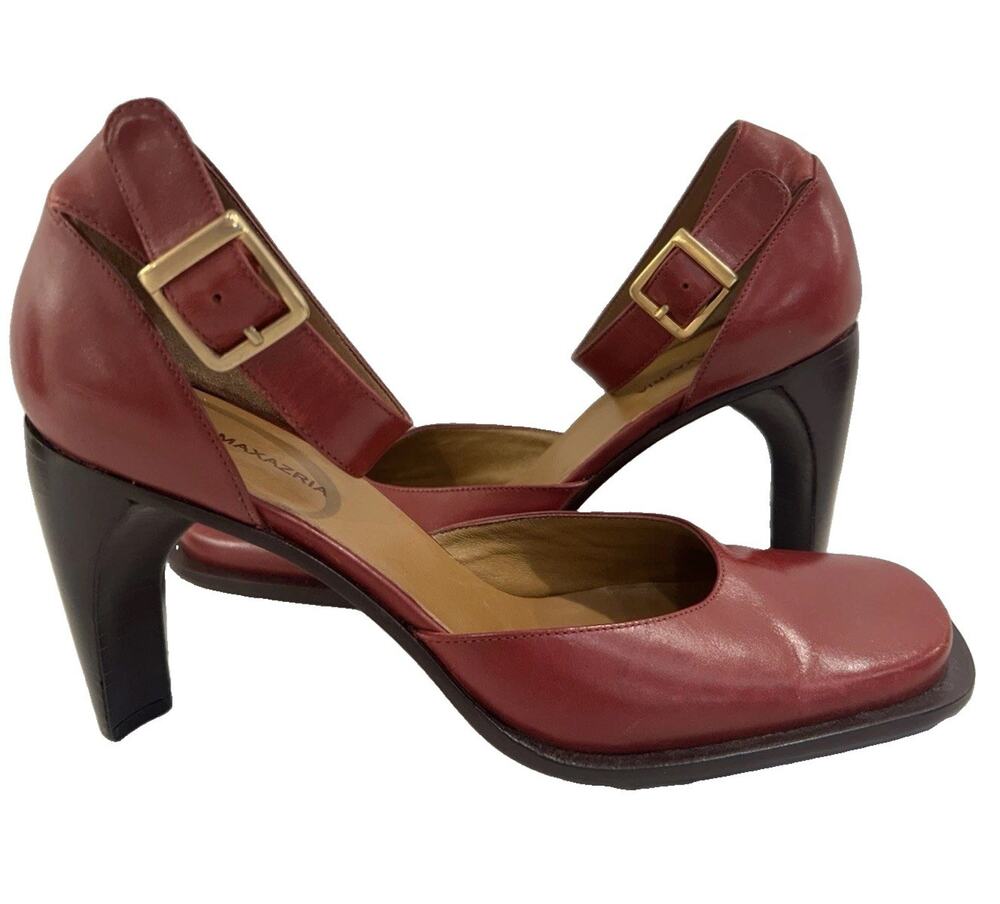 BCBGMaximara Red Leather Mary Jane Heels Square Toe Ankle Strap Italian Size 8B
